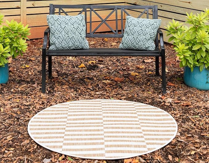 Unique Loom Outdoor Striped Collection Area Rug - Striped (4' 1" Round, Taupe/Ivory)