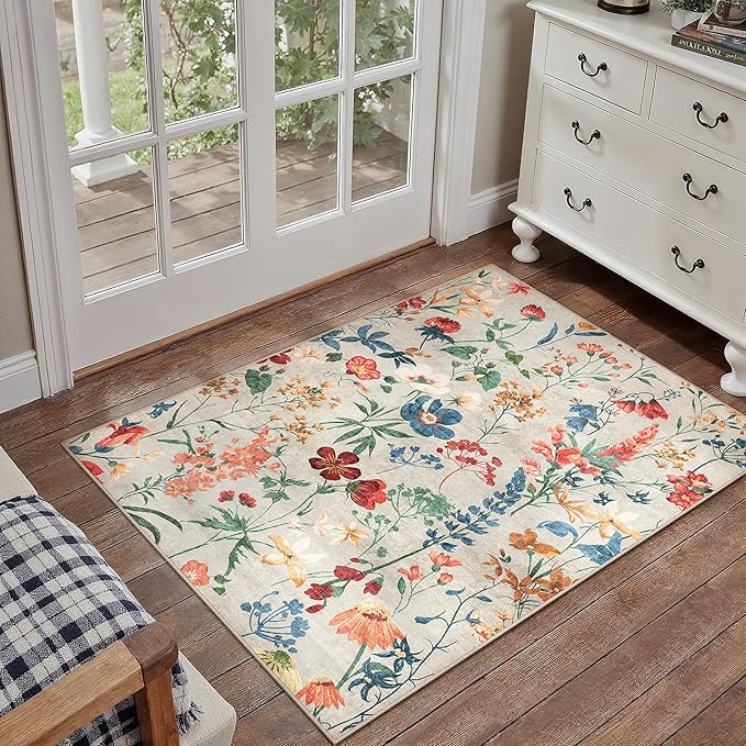 Beige Area Rug 2x3 Entryway Floral Boho Door Mat Indoor Washable Kitchen Carpet Non Slip Bedroom Lightweight Low Pile Accent Rug for Bathroom Living Room Office Dining Room