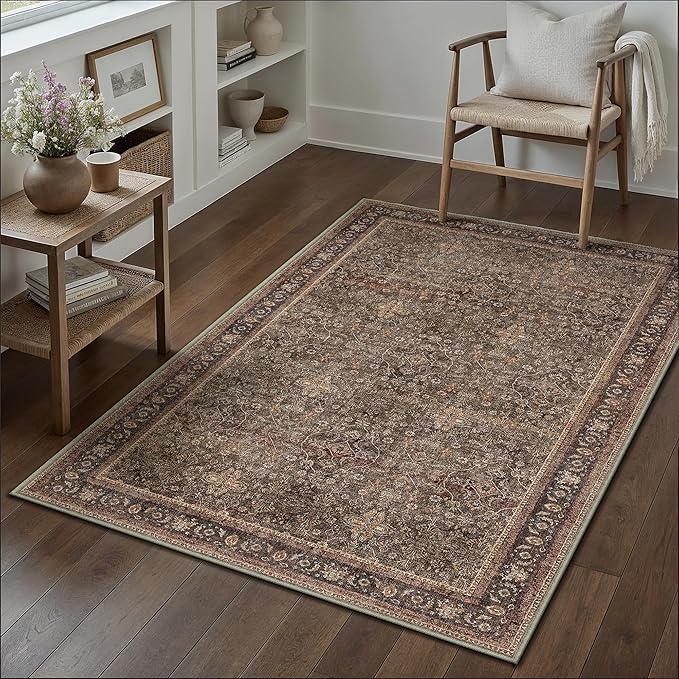 Entryway Area Rug 4x6 Brick Red Vintage Washable Office Carpet Traditional Distressed Indoor Entry Soft Non Slip Small Door Mat Retro Low Pile Thin Rug for Kitchen Laundry Bedroom