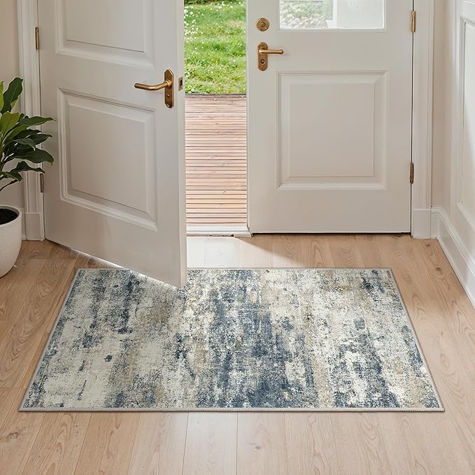 GENIMO 2x4 Entryway Runner Rug, Washable Runners for Kitchen, Indoor Entrance, Bathroom, Low Pile Small Carpet with Non Slip Backing, Abstract Modern Design, Navy Blue