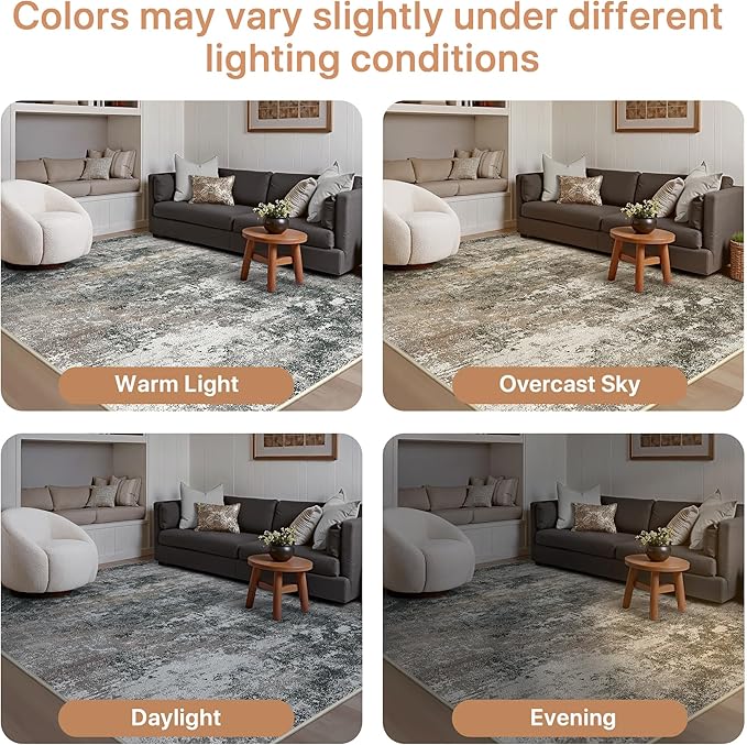 GENIMO Washable 8x10 Area Rugs for Living Room, Non Slip Modern Abstract Rug, Machine Washable Stain Resistant Low Pile Soft Carpet for Bedroom, Dining, Office, Black Grey