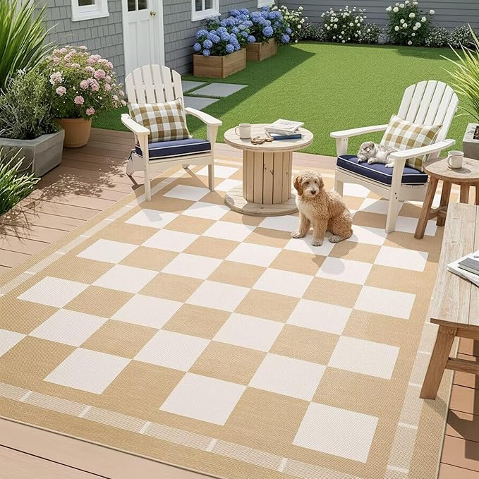 Vasofe Checkered Jute Rugs, 6x9 Large Washable Outdoor Patio Rug, Living Room Bedroom Dining Room Indoor Carpet, Non Slip Modern Farmhouse Neutral Geometric Porch Classroom Mat, Khaki and White