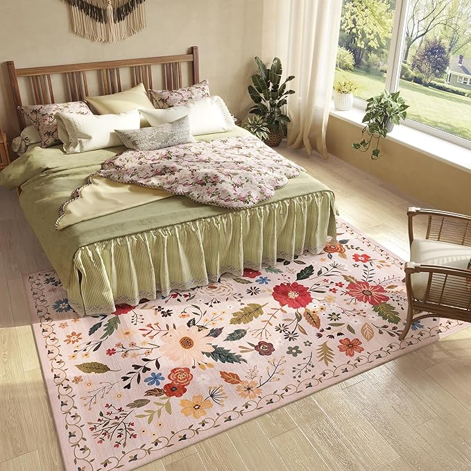 Living Room Rug 8x10 Rug Machine Washable Boho Area Rug Non Slip Floral Vintage Low Pile Large Rugs for Living Room, Bedroom, Farmhouse, Dining Room (Beige)