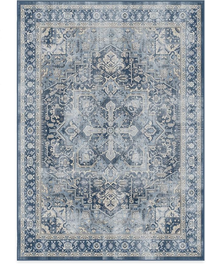 RUGGABLE Washable Vintage Area Rug – Kamran Admiral Blue 5x7, Stain-Resistant, Non-Slip – Medium Machine Washable Rugs for Living Room, Bedroom, Hallway, Entryway & Office–with Standard Pad
