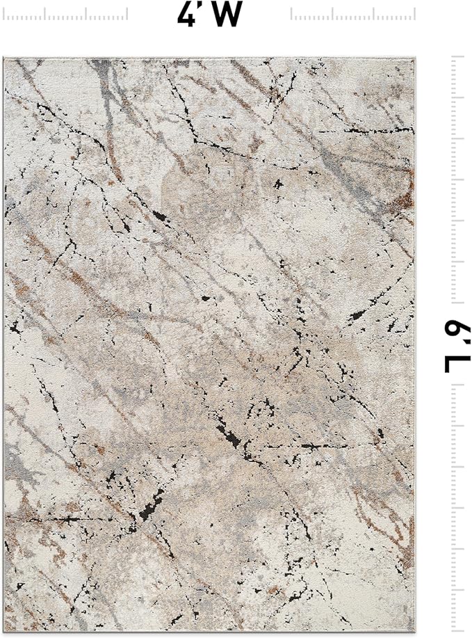 Rugshop Drifted Marble Abstract Area Rug Durable, Kid & Pet Friendly Gray, Ivory, Neutral Tones 4' x 6' Ideal Under Coffee Tables, Desks, or in Small Dining Areas