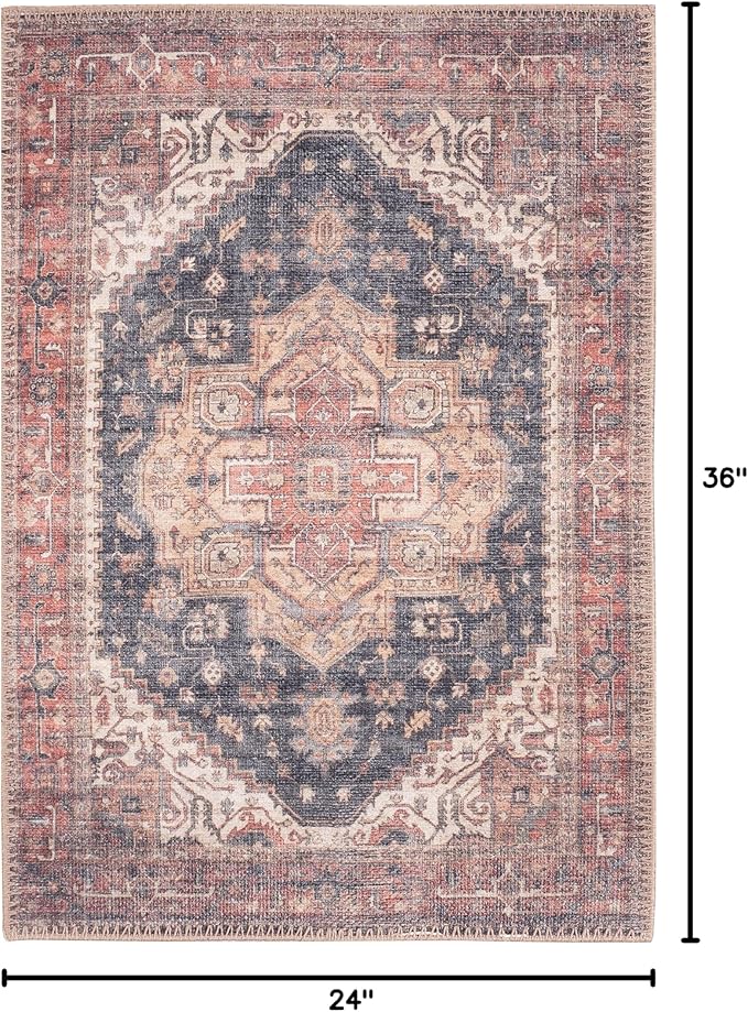 GLN Rugs Traditional Collection - Machine Washable Area Rug, Traditional Washable, Non Slip, Low Pile Chenille Rug, Living Room, Bedroom, Kitchen Rug (2' x 3' Black/Terra)