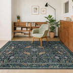 Vintage 4x6 Washable Entryway Rug, Blue & Green Floral Bird Woodland Rug, Non-Slip Low Pile Stain Resistant Carpet for Kitchen, Bedroom, Small Living Room