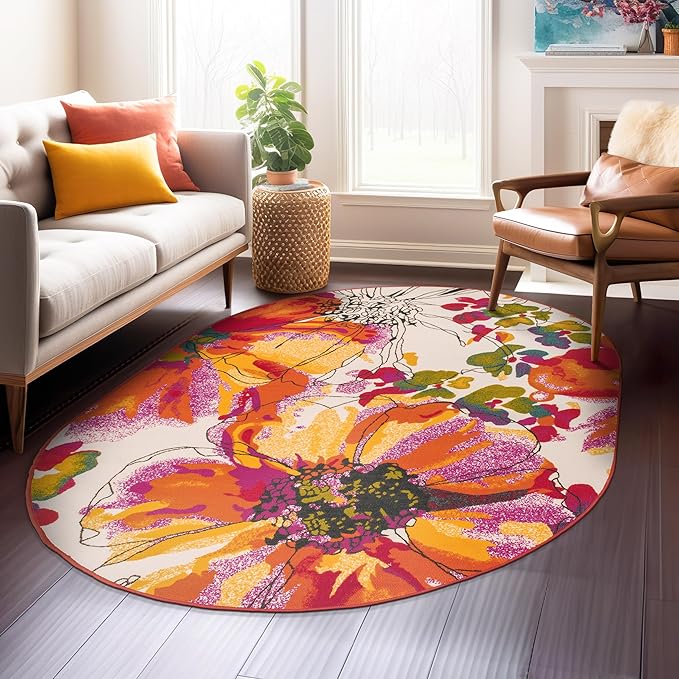 Rugshop Multi Bright Flowers Non Slip Non-Shedding Oval Area Rug for Dining Room, Living Room and Bedroom, 5' x 7'