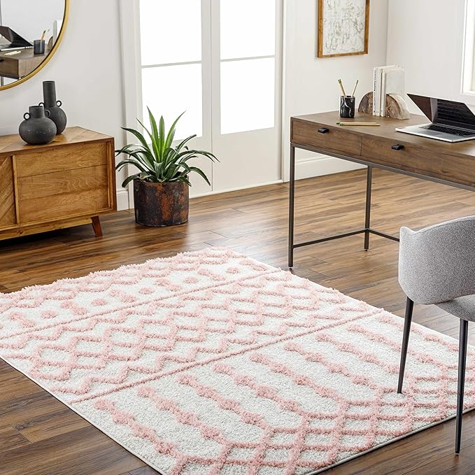Hauteloom Tilos Moroccan Farmhouse Small Shag Area Rug Door Mat - Shaggy Carpet - Trellis Pattern - High Plush Pile - Cream, Pink, Beige - 2' x 3'