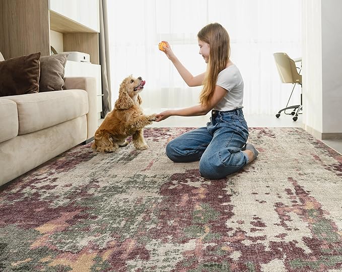 8x10 Area Rug Living Room Rugs - Washable Neutral Modern Abstract Soft Thin Rug Indoor Floor No Slip Rug Carpet for Bedroom Under Dining Table Home Office Decor - Purple/Green/Beige
