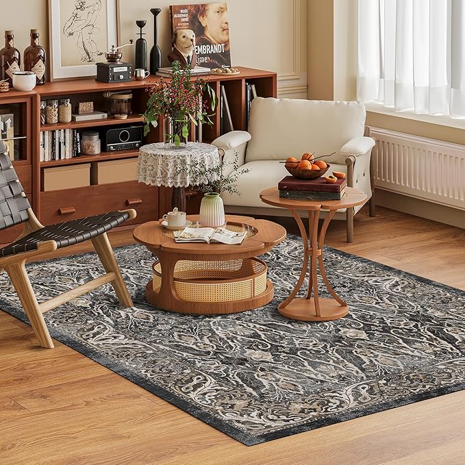 Washable Area Rug 5' x 7' Vintage Traditional Persian Mat - Foldable Distressed Non-Slip Machine Washable Carpet for Living Room Bedroom Kitchen Home Decor - Ebony and Taupe