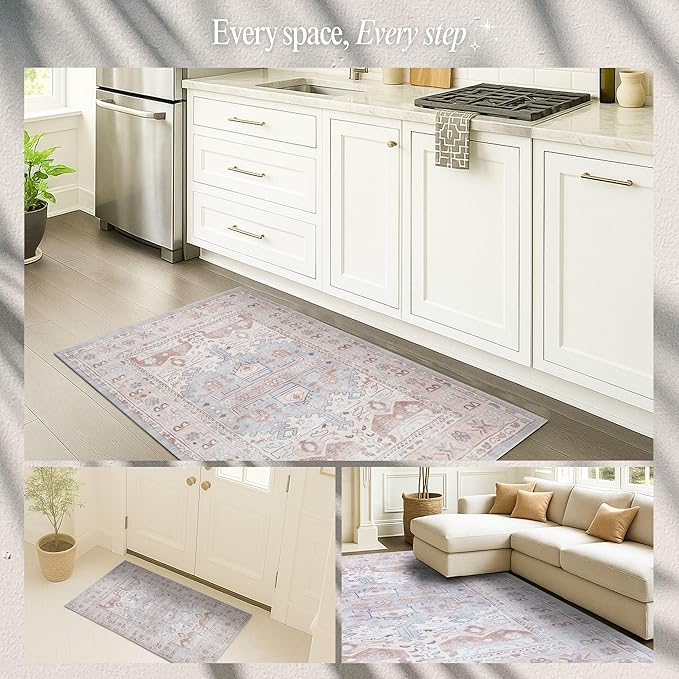 Turkish Rug. Washable Vintage Oriental Antique Inspired Traditional Doormat Small Modern Area Rugs Luxury Entryway Entry Bedroom Bathroom Kitchen (403CC, 2' x 3')