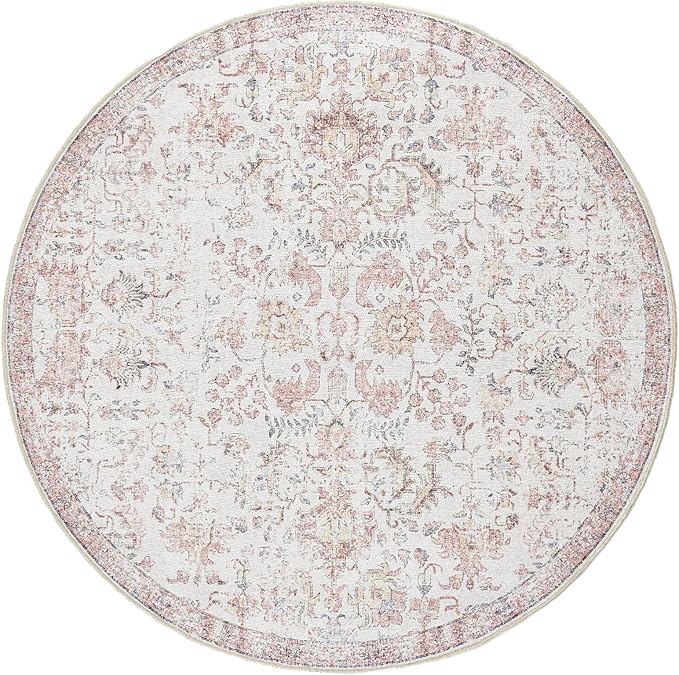 jinchan Kalen Round Rug 7ft Area Rug Washable Vintage Indoor Retro Accent Floor Cover Distressed Floral 7' Round Circle Boho Non Slip Thin Carpet for Living Room Dining Room Bedroom Kitchen Red