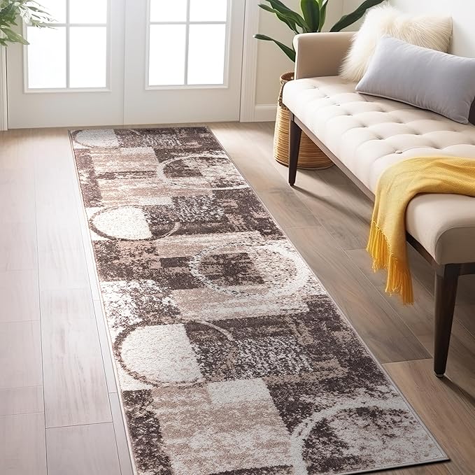 Rugshop Contemporary Abstract Circle Design Runner Rug, Non-Shedding Carpet for Hallway, Entryway, or Kitchen, Brown, 2' x 10'
