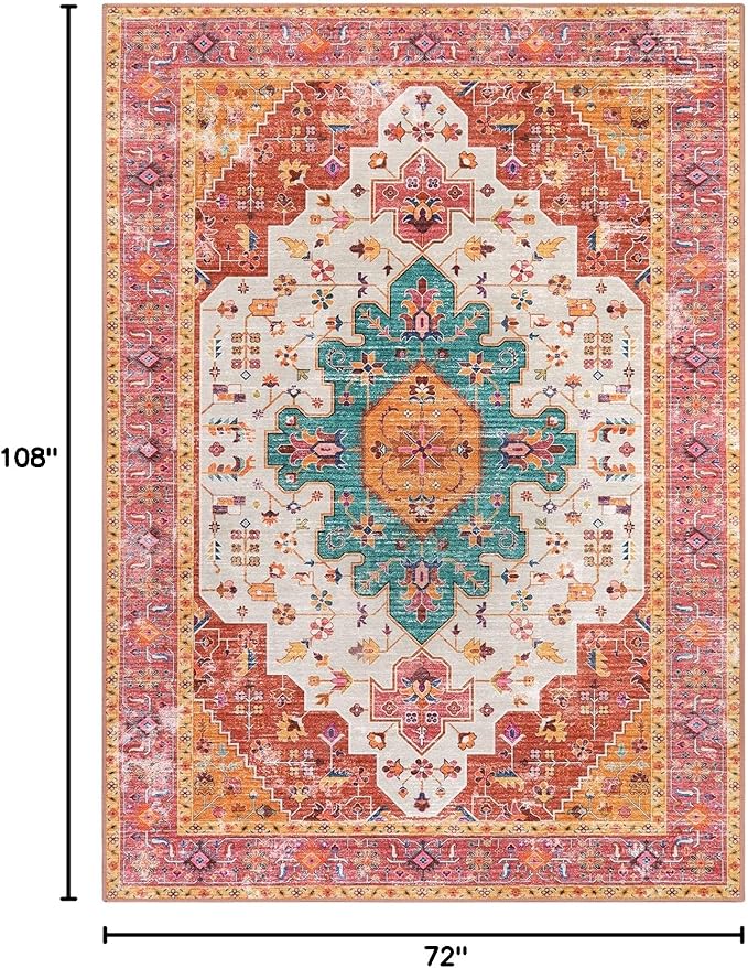 Moynesa Ultra-Thin Washable Pink Area Rug - 6x9 Large Boho for Girls Bedroom, Dining Room, Non-Shed Playroom, Office, Indoor Printed Boho Floor Carpet for Living Room Decor