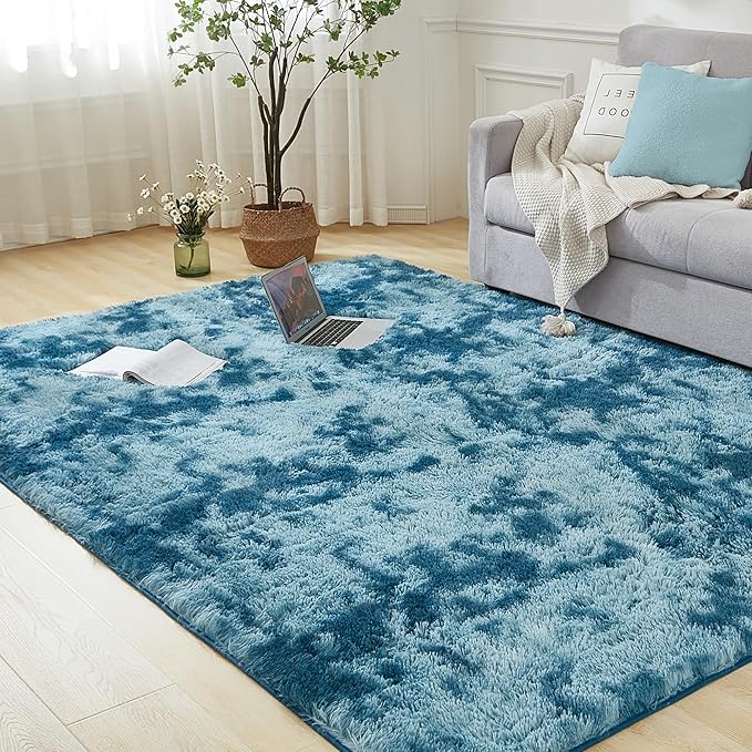 Andency Soft Area Rugs for Living Room Bedroom, 4x6 Fluffy Shaggy Bedside Rug, Non-Slip Large Shag Fuzzy Plush Carpets for Bedroom Kids Dorm Nursery Home Decor Aesthetic, Tie-Dyed Navy Blue