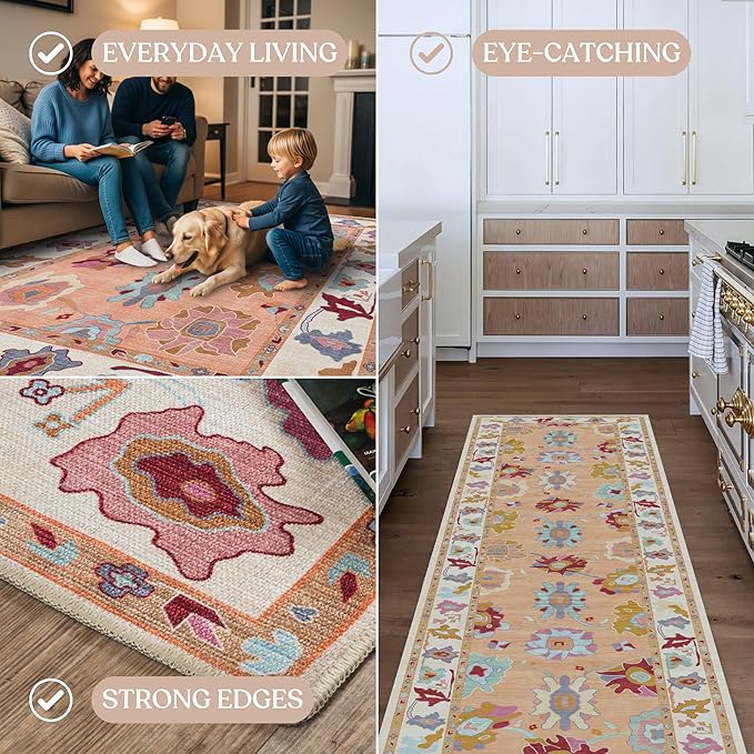 Fame Living Orange Green Oushak Rug, Modern, Vintage, Turkish, Eclectic, Floral, Pastel, Washable, Area Rugs for Living Room, Dining, Bedroom, Office, Entryway, Foyer, Playroom, Nursery, 5'x6'9"