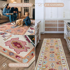 Fame Living Orange Green Oushak Rug, Modern, Vintage, Turkish, Eclectic, Floral, Pastel, Washable, Area Rugs for Living Room, Dining, Bedroom, Office, Entryway, Foyer, Playroom, Nursery, 5'x6'9"