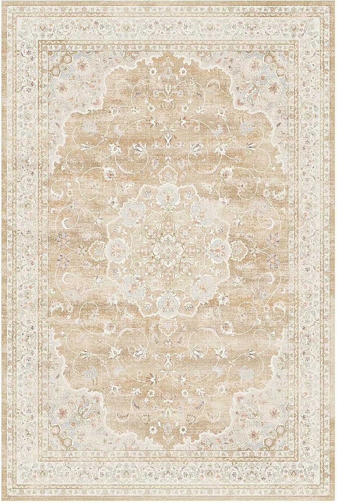 HUGEAR Machine Washable Area Rugs 6x9 Vintage Beige Brown Living Room Bedroom Rug Neutral Style Non Slip Stain Resistant Low Pile Throw Carpet for Home Retro Aesthetic Modern Decor