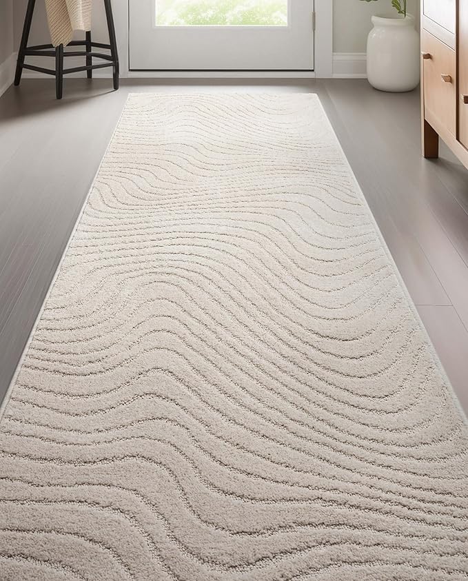 Well Woven Custom Size Hallway Stair Runner - Choose Your Length - 27 Inches Wide x 20 Feet Long Runner (27" x 20' Runner) Rug - Ivory Sibi Soft Touch, Modern Abstract - Hi-Lo Pile