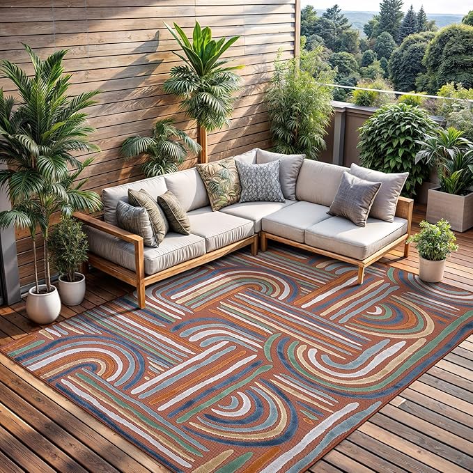 CAMILSON Indoor Outdoor Rug, Orange 8x10 Geometric Arch Striped Area Rugs for Patio and Home Areas, Easy-Cleaning Non-Shedding Living Room, Garden and Deck Washable Outside Carpet (8 x 10)