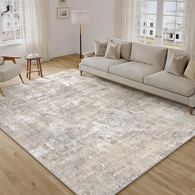 Machine Washable Area Rug 9x12 Beige Gray Large Living Room Indoor Accent Rug Neutral Modern Abstract Low Pile Carpet Non Slip Distressed Throw Rug Bedroom Office Dining Room