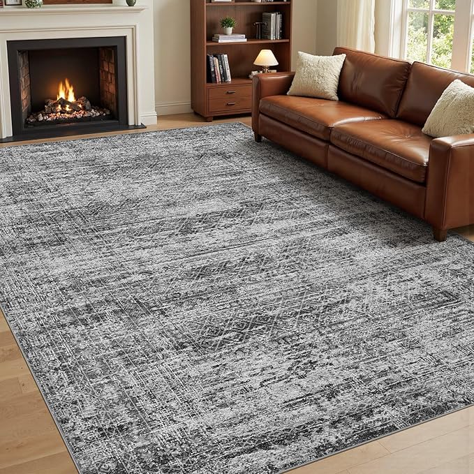 9x12 Area Rug Living Room Rugs - Washable Neutral Modern Abstract Soft Thin Rug Indoor Floor No Slip Rug Carpet for Bedroom Under Dining Table Home Office Decor - Dark Gray