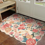 Washable Floral Area Rug 3x5 Beige Office Carpet Scalloped Flower Non Slip Soft Entrance Door Mat Farmhouse Low Pile Thin Indoor Floor Cover for Kitchen Bathroom Bedroom Laundry Living Room