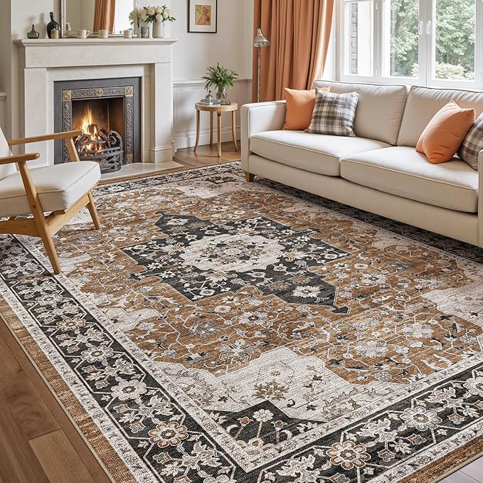 DEXI 8x10 Area Rug for Living Room, Washable Vintage Farmhouse Thin Rug Indoor Floor, Non Slip Stain Resistant Low Pile Carpet for Dining Room Bedroom Office, Brown