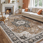 DEXI 4x6 Area Rug for Living Room, Washable Vintage Farmhouse Thin Rug Indoor Floor, Non Slip Stain Resistant Low Pile Carpet for Dining Room Bedroom Office, Brown