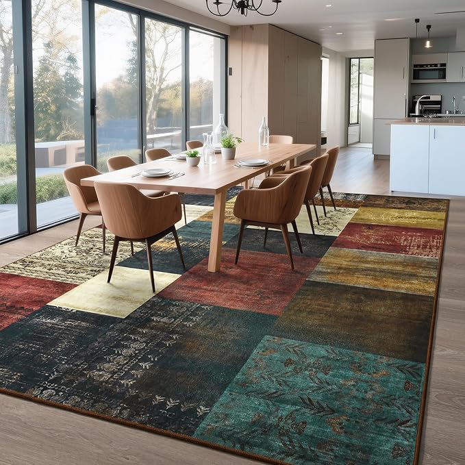 Tepook Modern Area Rug for Living Room, 8x10 Geometric Large Rugs for Bedroom, Washable Patchwork Rug Indoor Non-Slip Throw Carpets for Dining Room Office Farmhouse Home Decor, Multi
