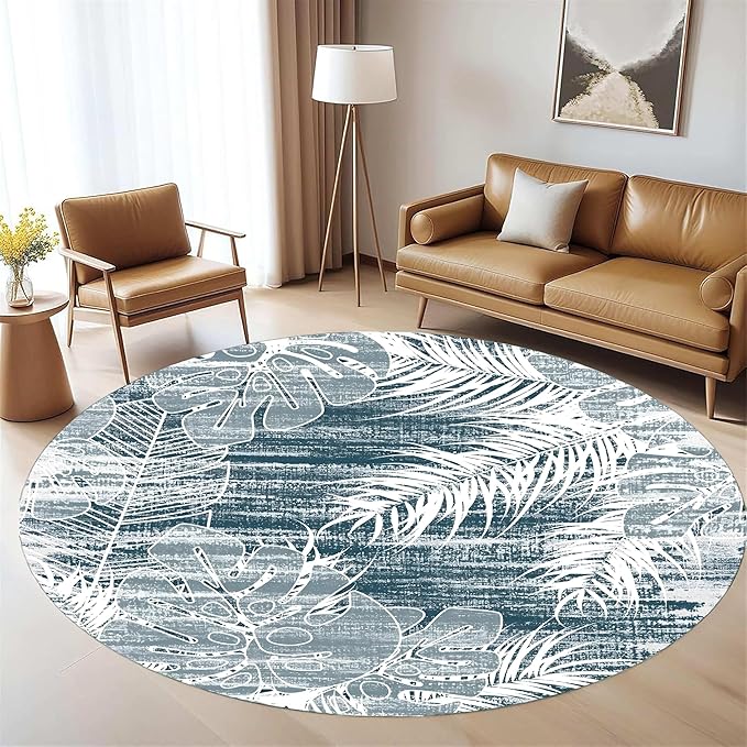 Washable Round Rug 3ft - Blue Tropical Botanical Pattern, Non-Slip Low Pile No Shedding Carpet, Soft Flannel Feel Rug for Living Room, Bedroom, Bathroom，Indoor Use