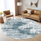 Washable Round Rug 7ft - Blue Tropical Botanical Pattern, Non-Slip Low Pile No Shedding Carpet, Soft Flannel Feel Rug for Living Room, Bedroom, Bathroom，Indoor Use