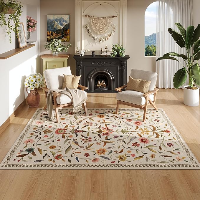 Vintage Medallion Floral 3x5 Washable Rug, Soft Low Pile Area Rug, Non-Slip Carpet for Bedside, Bedroom, Bathroom, Entryway, Kitchen, Office, Kids/Girls Room | Beige