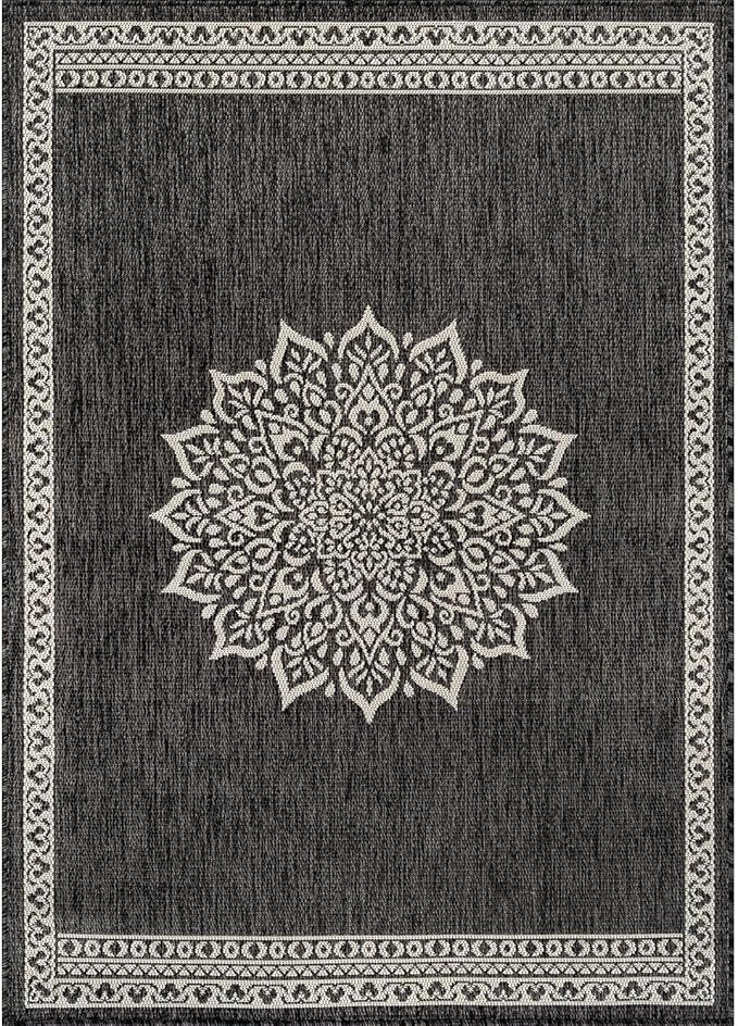 CAMILSON Outdoor Rug 6x9 Medallion Darkgray Modern Area Rugs for Indoor and Outdoor Patios Kitchen and Hallway Mats Washable Porch Deck Outside Carpet (Medallion Darkgray 6 x 9)