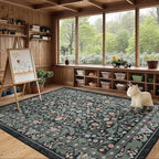 Dark Green Floral 8x10 Area Rugs for Living Room Large Washable Rug Vintage Forest Low Pile Non Slip Stain Resistance Soft Carpet for Dining Room, Bedroom, Kids Room, Nursery Room, Playroom