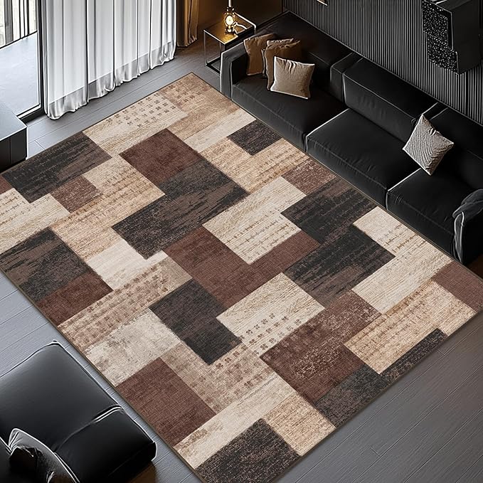 Modern Geometric Patchwork Indoor Area Rug for Living Room, Chocolate 6'x 9' Large Rug Rockwood Collection Hardwood Floors Decor for Bedroom, Brown Throw Carpet for Office Entryway Dining Room