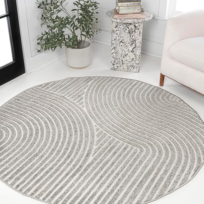 JONATHAN Y Hallie High-Low Curve Gray/Ivory 8' Round Indoor/Outdoor Area Rug, Minimalist, Pet Friendly, Non-Shedding, Stain Resistant, Hose-Washable for Backyard, Patio, Porch (SCN100A-8R)