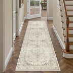 HUGEAR 2x8 Runner Rug Hallway Vintage Brown Machine Washable Neutral Floral Low Pile Carpet Vacuumable Thin Long Throw Rug Bedroom Office Bathroom Kitchen Laundry Non Slip Soft Lightweight
