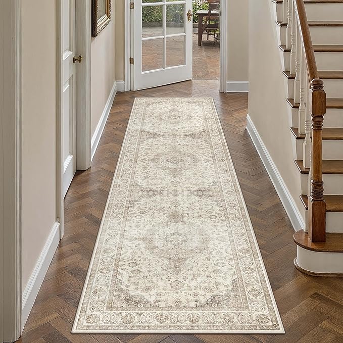 HUGEAR 2x8 Runner Rug Hallway Vintage Brown Machine Washable Neutral Floral Low Pile Carpet Vacuumable Thin Long Throw Rug Bedroom Office Bathroom Kitchen Laundry Non Slip Soft Lightweight
