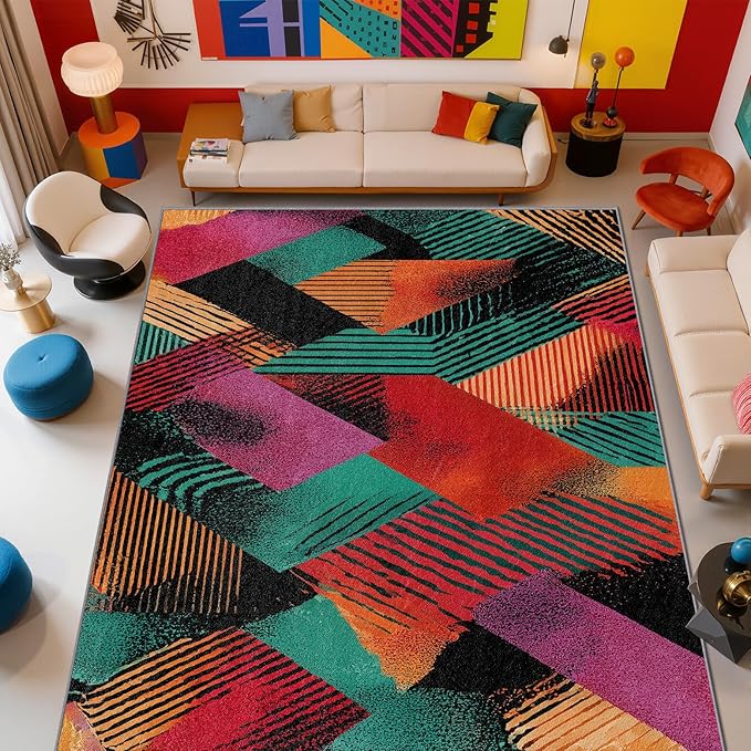 Patchwork Rugs for Bedroom - Colorful Geometric Art Area Rug 5x8, Abstract Retro Aesthetic High Traffic Anti Slip Carpets Home Decor #C034