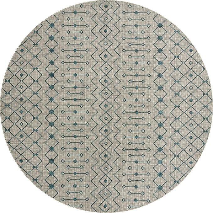 Unique Loom Outdoor Trellis Collection Area Rug - Tribal Trellis (10' 8" Round, Light Blue/ Ivory)