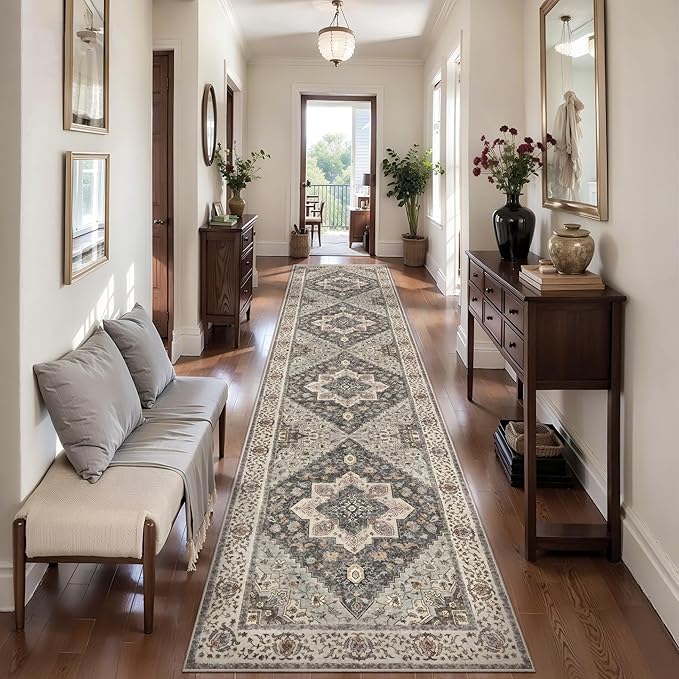 Tangsoo Hallway Runner Rug 2.6x12 Washable Runner Rug for Hallways, Non Slip Vintage Soft Low Pile Long Rug Runner, Print Distressed Carpet Runners for Kitchen Bedroom Entryway Bathroom Living Room