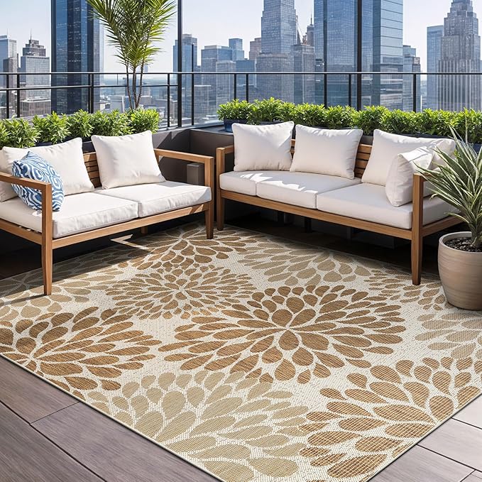 Beverly Rug Outdoor Rug 8x10 Modern Exotic Tropical Leaf Area Rugs for Indoor and Outdoor Patio Deck Porch Garden Water Resistant Washable Outside Carpet (8 x 10 Beige)