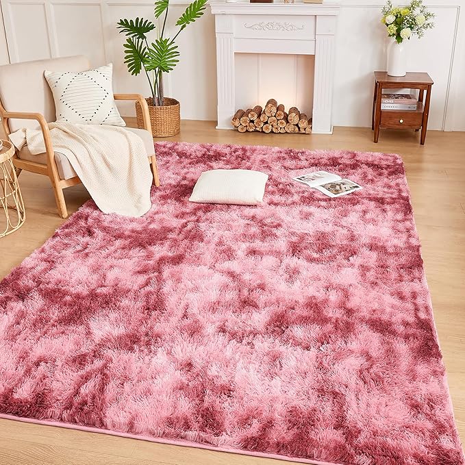 Andency Soft Area Rugs for Living Room Bedroom, 4x6 Fluffy Shaggy Bedside Rug, Non-Slip Large Shag Fuzzy Plush Carpets for Bedroom Kids Dorm Nursery Home Decor Aesthetic, Tie-Dyed Dark Red