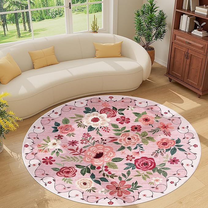 DUKINO Floral Round Rug, 6ft Washable Circle Rug, Non Slip Indoor Low Pile Circle Rug, Soft Small Boho Design Carpet for Bedroom, Entryway, Living Room, Dining Room, Pink