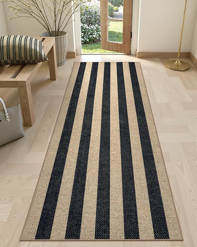 Lahome Striped Easy Jute Kitchen Runner, 2x8 Washable Runner Rug for Hallway Entryway, Farmhouse Non Slip Non Shedding Black Indoor Outdoor Carpet for Entry Porch
