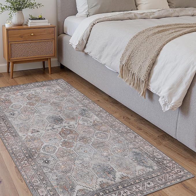 Bavni Kitchen Rug 2x5 Runner Rugs for Hallways Entryway, Washable Vintage Print Carpet, Ultra-Thin Chenille Low Pile Lightweight Rug with Non Slip Backing, Retro Grey