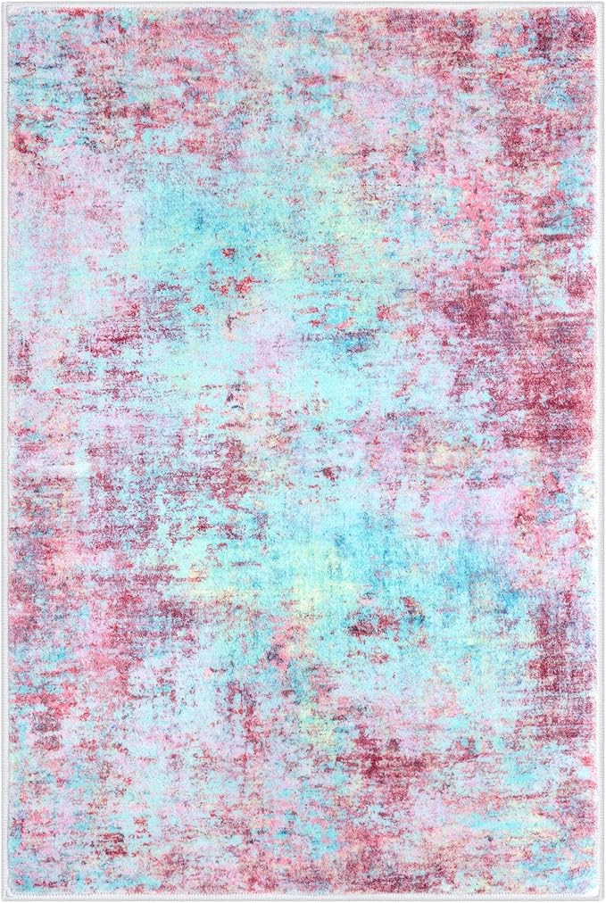Modern Abstract 3x5 Girls Room Rug, Machine Washable Blush Pink Sky Blue Entryway Rug, Thin Kitchen Mat Non-Slip, Print Faux Wool Soft Floor Carpet for Girl Women's Bedroom Bedside