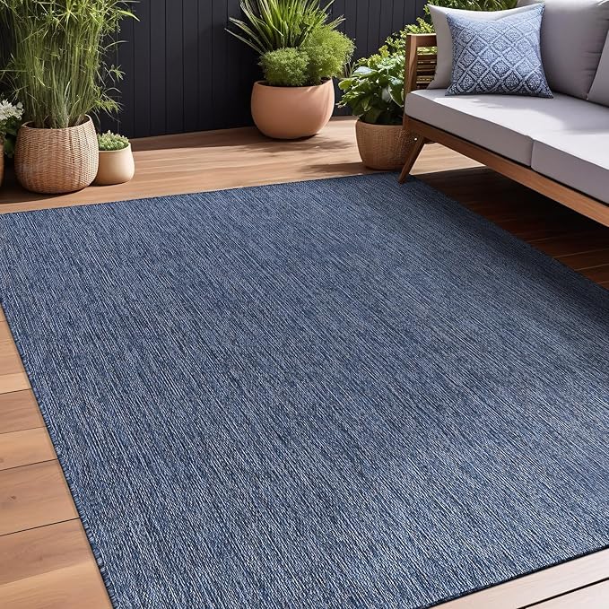Beverly Rug Indoor Outdoor Rug 8x10, Washable Outside Carpet for Patio, Deck, Porch, Solid Modern Area Rug, Water Resistant, Azure Blue